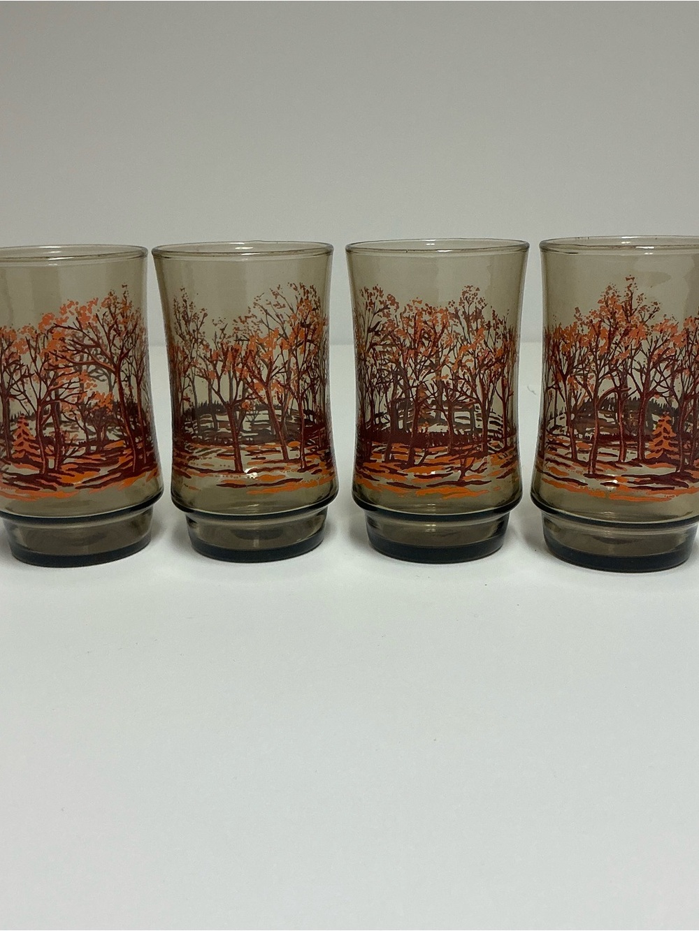 Vtg Libbey Juice Glasses St Clair Winter Fall Woods Amber Brown 1970s Set of 4